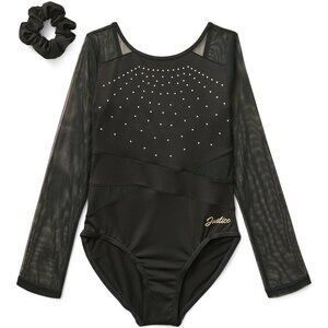 Justice Girls XL Rhinestone Mesh Sleeve Leotard + Scrunchie NWT Dance Gym